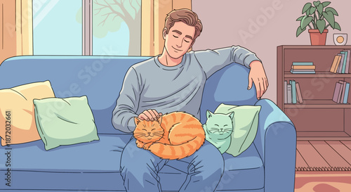 A heartwarming illustration showcasing a man enjoying a serene moment with his two adorable cats