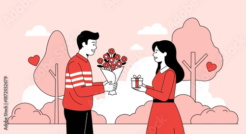 A heartwarming scene of a couple exchanging gifts in a park celebrating love and affection