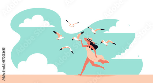 A joyful day at the beach: Woman running with seagulls under a cloudy summer sky
