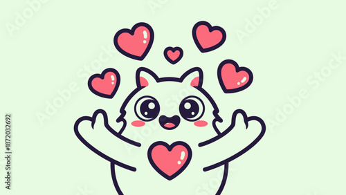Cute cartoon cat with hearts, love concept