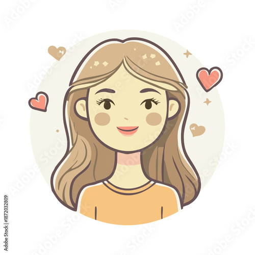 Illustration of a smiling young woman with flowing hair surrounded by hearts expressing love and affection