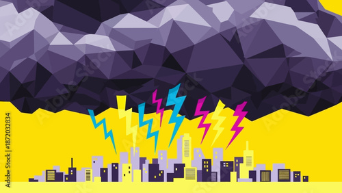 Sudden lightning storm strikes a vibrant, geometric city panorama with thunderous energy