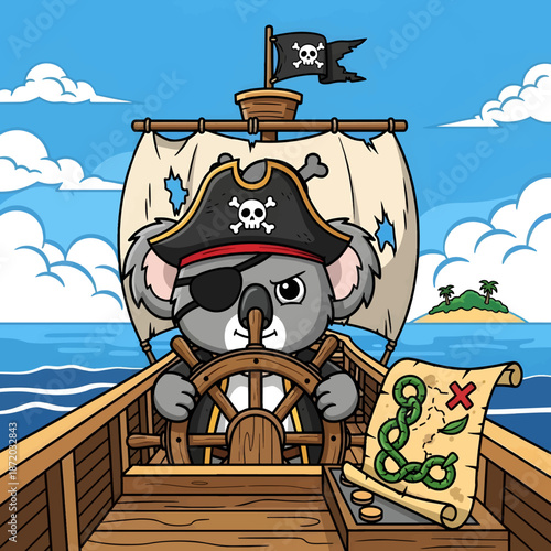 Adorable cartoon pirate koala steering a wooden ship on the open ocean toward a tropical island while holding a treasure map ready for adventure and exploration