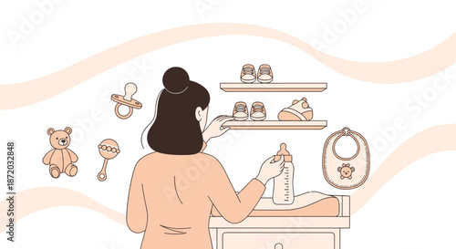 A nurturing mother prepares a baby bottle in a serene and organized nursery interior