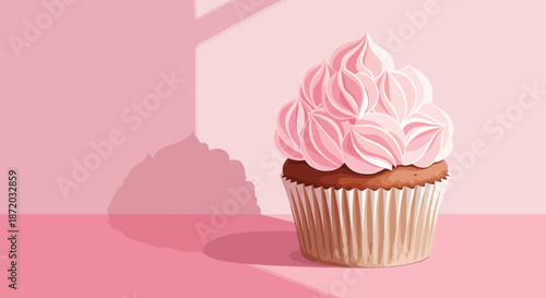 A pastel pink cupcake with swirled frosting stands against a light pink backdrop creating a sweet