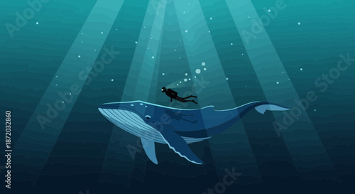 A peaceful encounter illustration of a whale swimming in the ocean with a diver under the sea