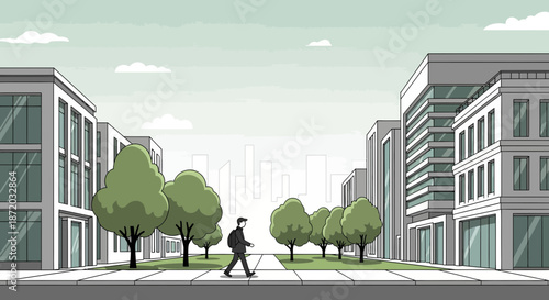 A peaceful walk in the city: man strolling through urban park lined with modern buildings and trees