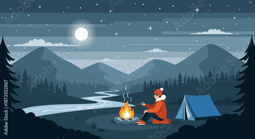 A peaceful night camping by a river with mountains and a starry sky backdrop