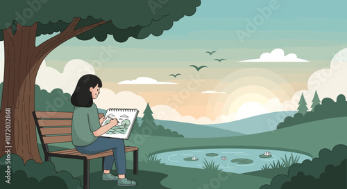 A peaceful scene of a woman drawing outdoors under a tree by a serene lake