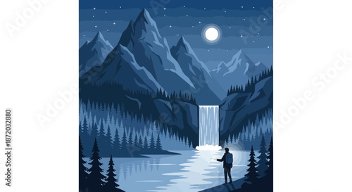 A picturesque night landscape featuring a hiker near a serene waterfall and mountains