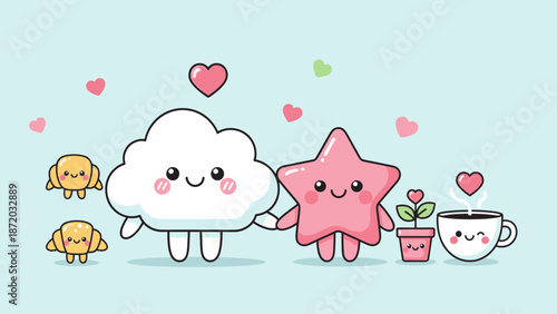 Cute cartoon characters with hearts and plants