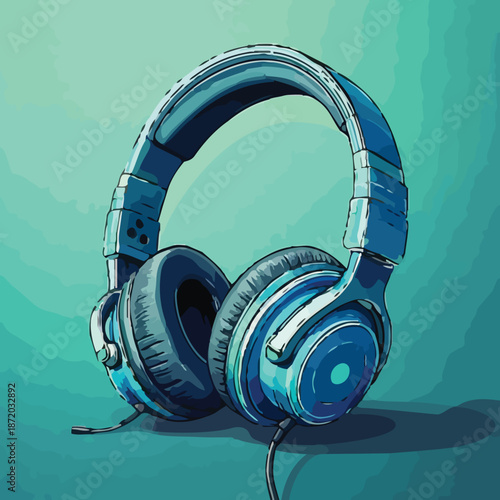 Detailed Illustration of Blue Headphones for Music Listening.