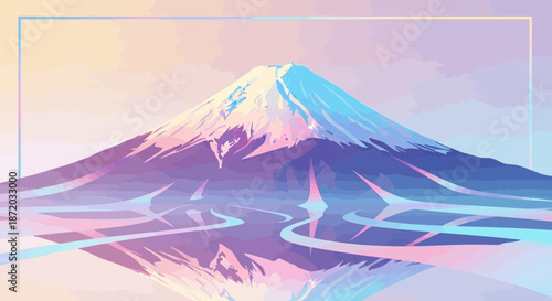 A Serene Digital Painting of Mount Fuji with Pastel Colors and Reflective Water, Beautiful Artwork