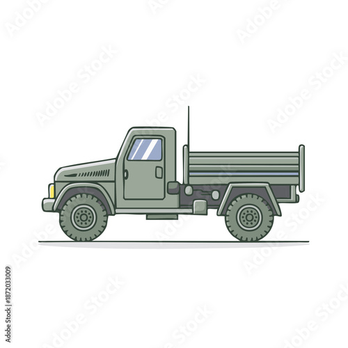 Illustration of a green military truck on a white background showing side profile. Flatbed trailer for carrying cargo.