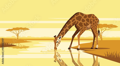A serene giraffe gracefully drinks water at the edge of a lake in the savannah at sunset