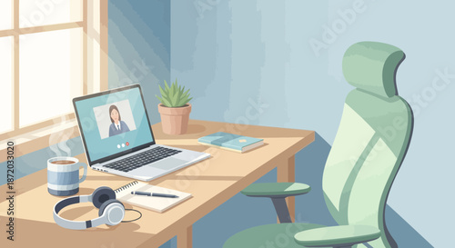 A serene home office setup with a video call in progress creating a comfortable and productive