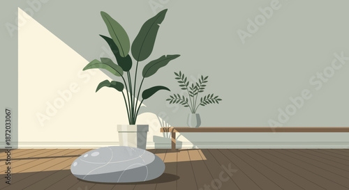 A serene interior design featuring a leafy plant and a stone seat bathed in sunlight, creating a