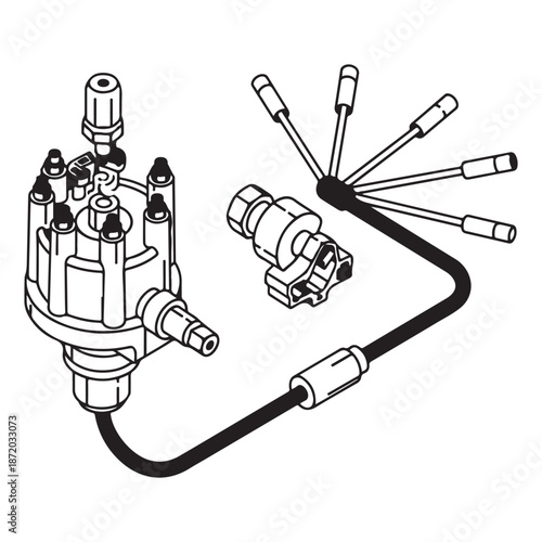 Ignition Distributor and Spark Plug Wire Automotive Electrical System Line Art Vector