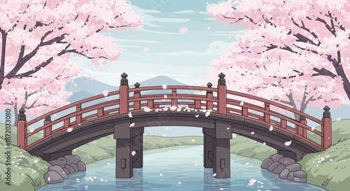 A serene landscape featuring a traditional Japanese bridge adorned with blooming cherry trees