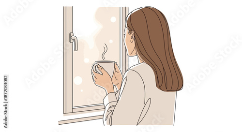 A serene morning illustration: Woman with coffee looking out window on cozy snowy day