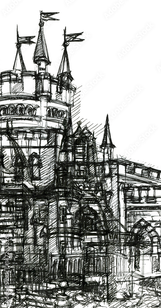 Obraz premium Abstract sketch of church spires on a white background. Architectural fantasy illustration