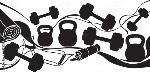 Fitness equipment in black silhouette on white background