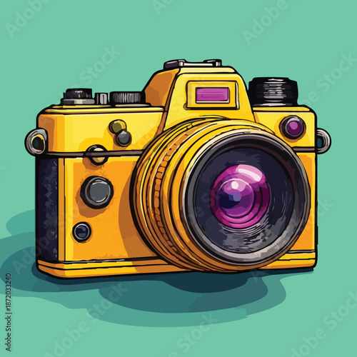 Vintage Yellow Camera with Detailed Lens and Classic Design.