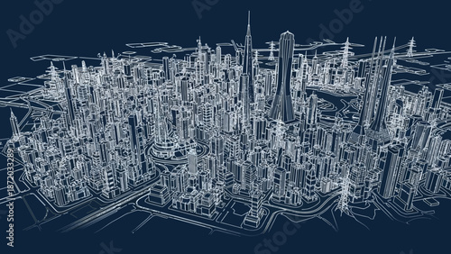 Urban concept of a futuristic city with intricate architecture and sprawling infrastructure