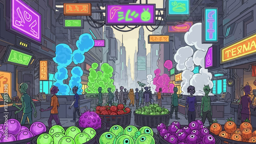 Vibrant Futuristic Market A Bustling Mix of Alien Cultures and Exotic Produce Under Neon Lights