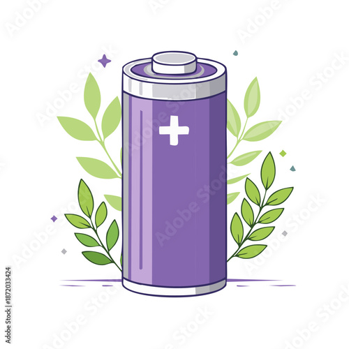 Purple cylindrical battery illustration with green leaves against white background - energy power concept