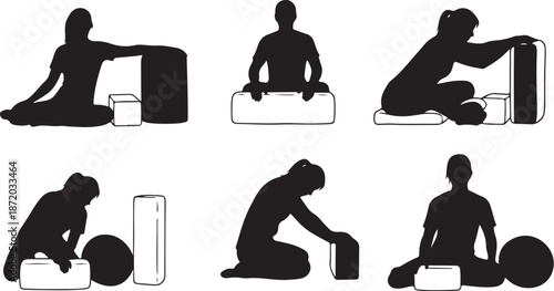 Yoga poses with blocks and props silhouette