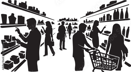 Silhouette of people shopping in a supermarket aisle