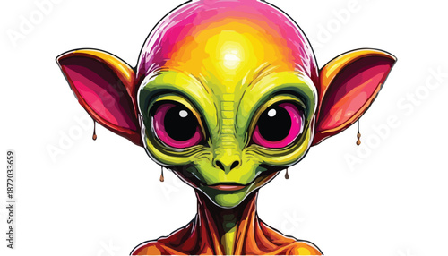 Colorful Alien Portrait with Large Eyes and Pointed Ears.