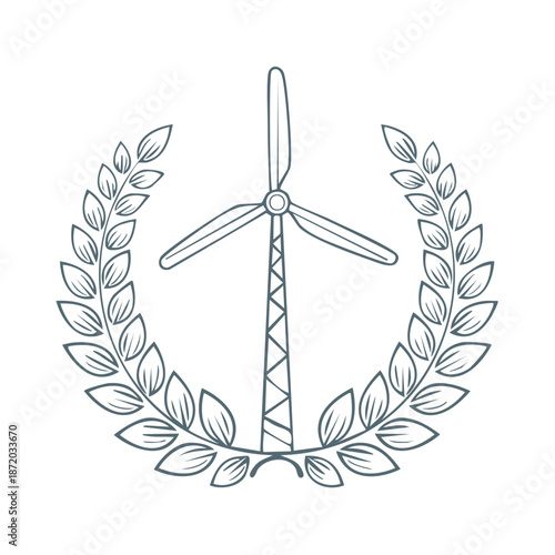Wind Turbine Surrounded by Laurel Wreath Symbolizing Clean Energy and Sustainability