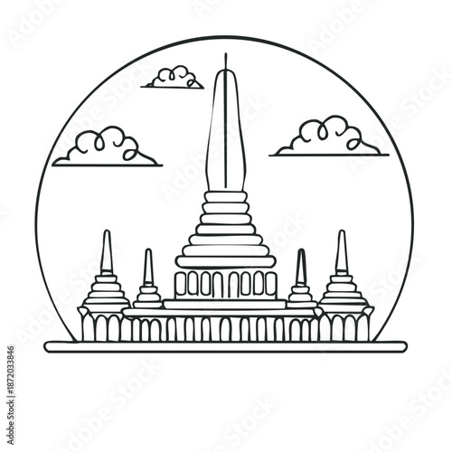 Elegant Asian Temple Silhouette with Towering Spire and Intricate Architectural Details