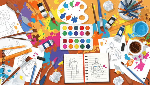 Creative Chaos An Artist's Desk with Paints, Brushes, and Sketches, a Whimsical Mix of Inspiration