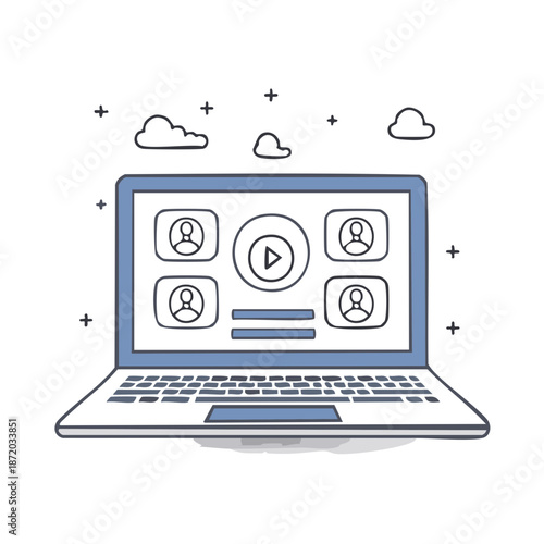 Laptop display with a group video call icon, online conference, virtual meeting concept, doodle art