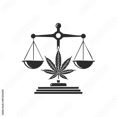 Legalization concept featuring scales of justice and marijuana leaf: balancing regulations, black and white