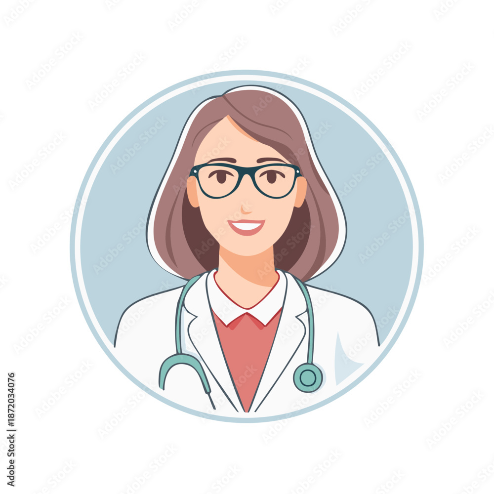 Fototapeta premium Female Doctor Portrait Wearing Eyeglasses and Stethoscope in Blue Circle Illustration