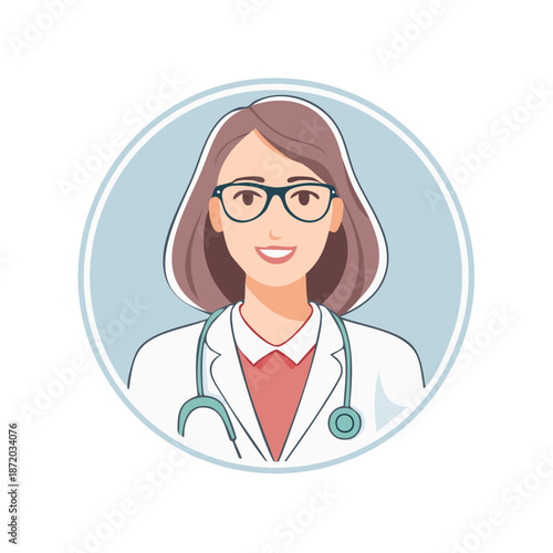 Female Doctor Portrait Wearing Eyeglasses and Stethoscope in Blue Circle Illustration