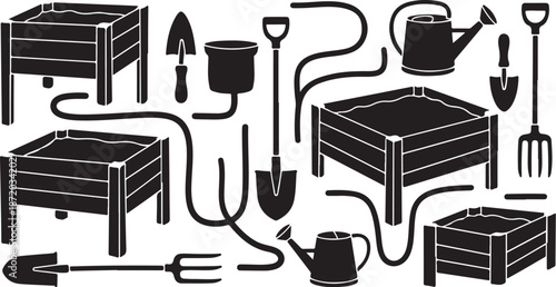 Gardening tools and raised beds illustration set