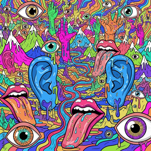 Surreal Psychedelic Landscape with Eyes, Mouths, and Ears