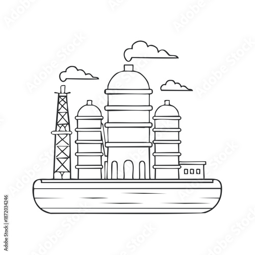 Stylized Oil Refinery Silhouette with Smokestacks and Geometric Towers, Industry Illustration