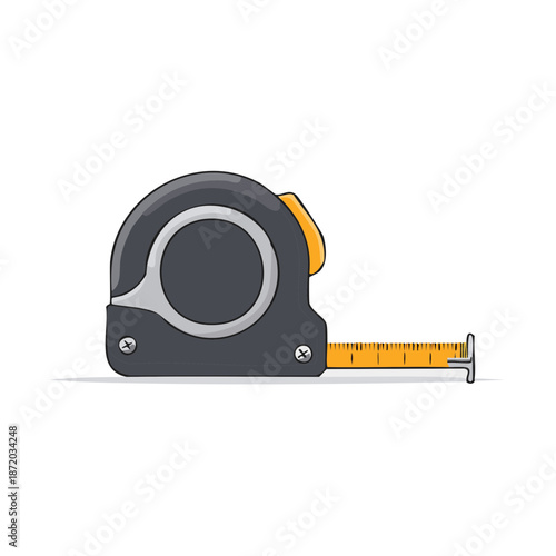 Illustration of a measuring tape extending with yellow blade and dark gray case for construction and design projects