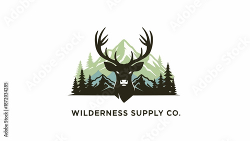 Deer Head Silhouette Against Mountain Forest Landscape Logo.