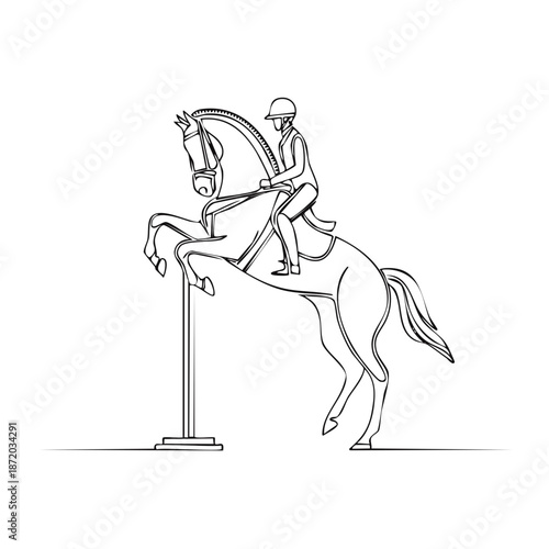 Equestrian Elegance A Single Line Drawing of Horse Rider Executing Complex Jump