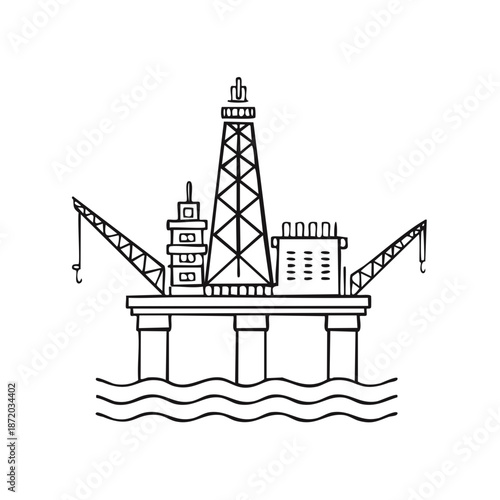 Line Drawing of Oil Platform on Water Waves - Simple Petroleum Industry Outpost Illustration