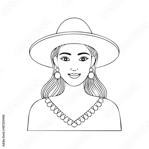 Elegant woman wearing a sun hat and earrings smiling cheerfully in a clean black and white line art illustration