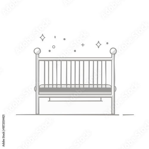 Baby cot illustration in linear minimalistic style for use in designs and branding projects