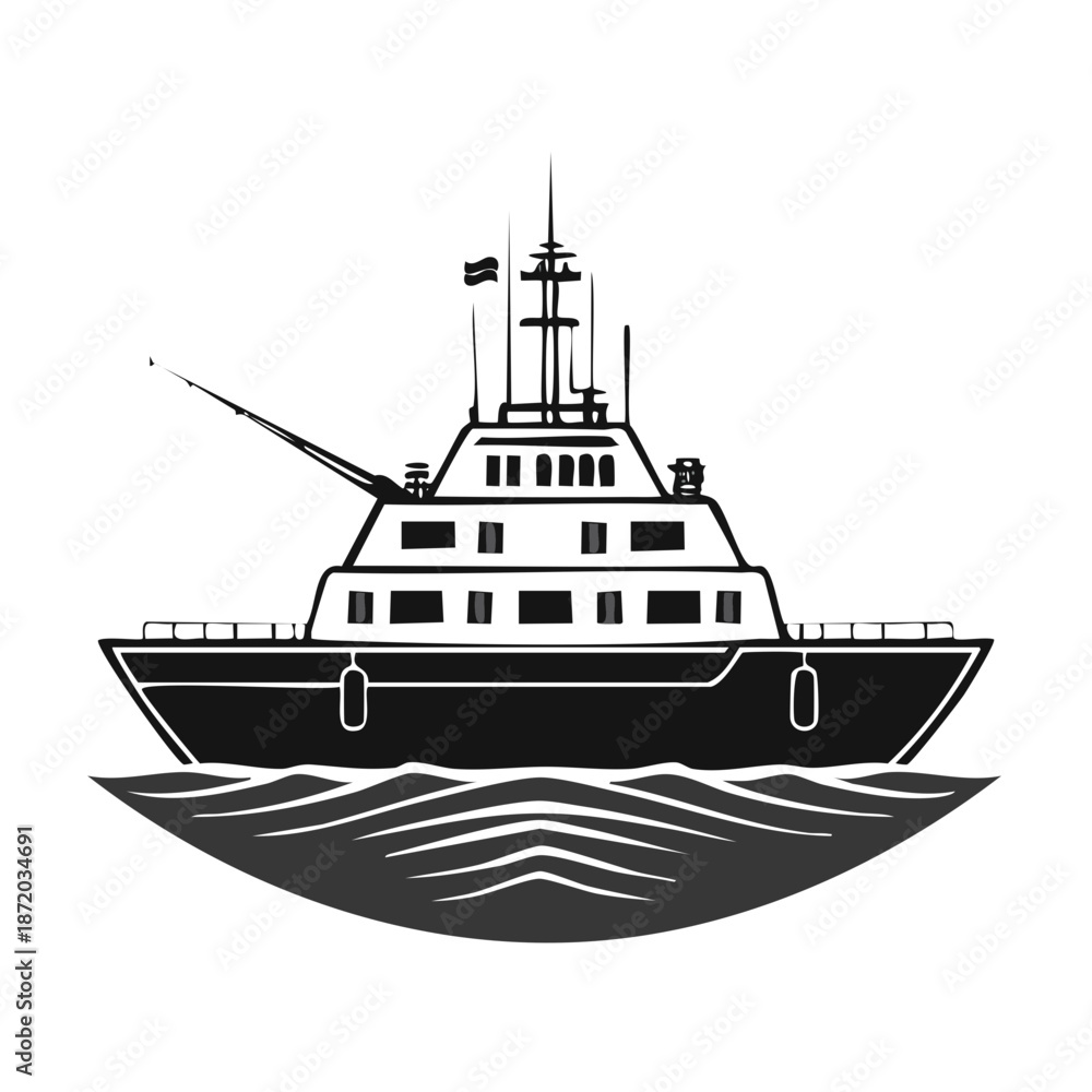 Obraz premium Black and white silhouette of a motor yacht sailing on the ocean waves. Fishing rod and antenna.